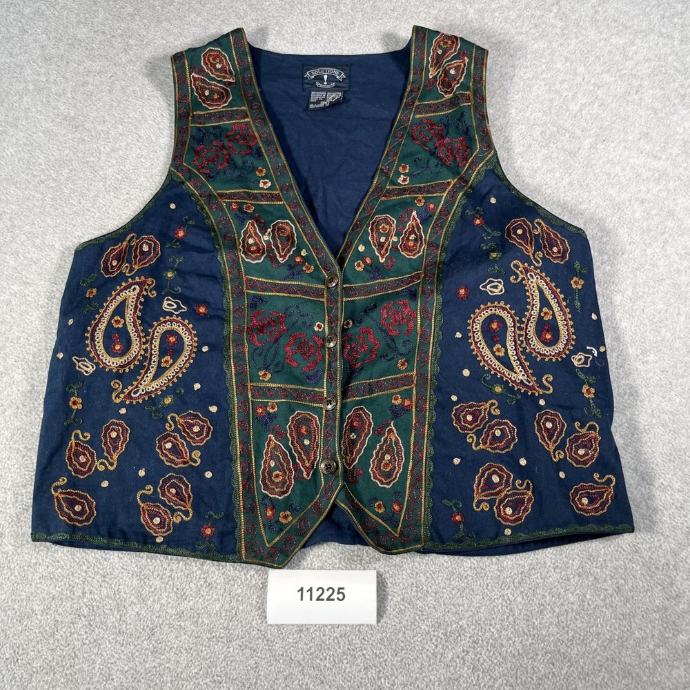 Vintage Solutions Vest Womens 2X Blue Embroidered Paisley Cotton Button Front